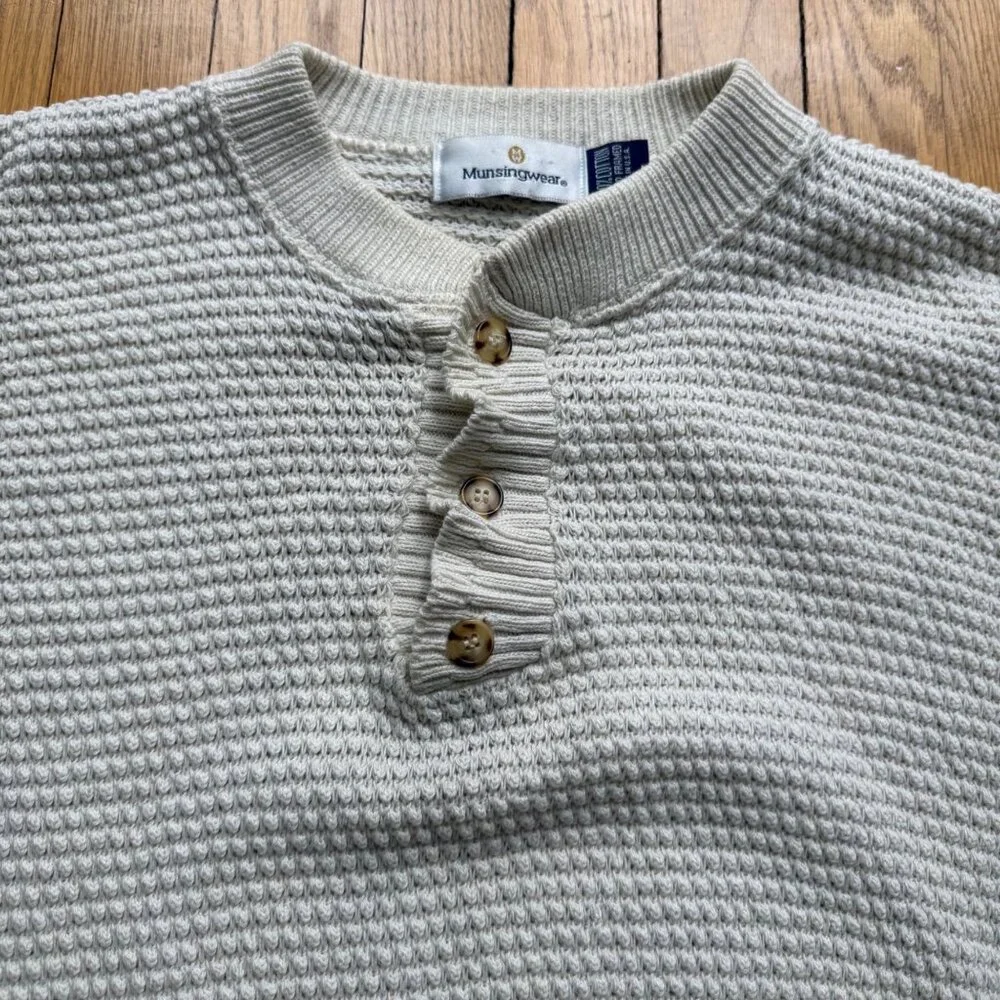 Vintage Henley Fisherman Pullover Sweater Munsingwear Size L Cream Waffle Knit